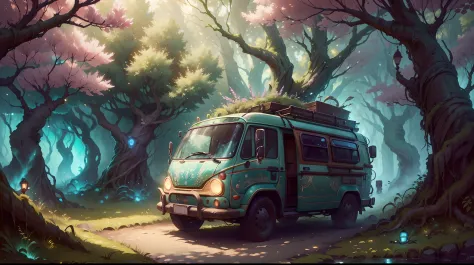 concept-art, best qualtiy，tmasterpiece，超高分辨率，photograph realistic：1.4， ultra-detailliert，A futuristic(DruidMagicAI:Campervan),Colorful LED lights,Smooth curves,(streamlined line design)。cozily, camping, vivd colour,Reflection,Surrounded by nature,Peach Blo...