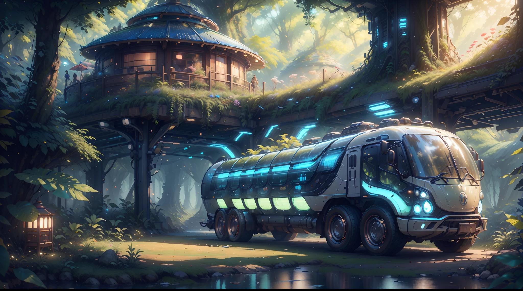 concept-art, best qualtiy，tmasterpiece，Ultra-high resolution，photograph realistic：1.4， Ultra-detail，A futuristic(SolarpunkAI:Campervan),Colorful LED lights,Smooth curves,(streamlined line design)。cozily, camping, vivd colour,Reflection,Surrounded by nature,Peach Blossom Forest，lush landscape。