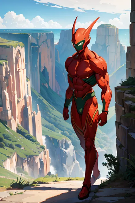 red and green muscular alien in front of camera, green planet, walking, perspective, cliffs in the background