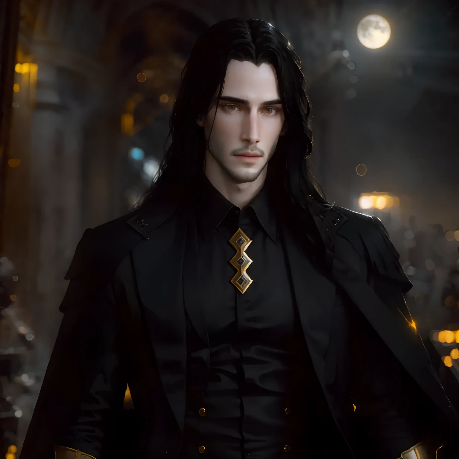 masterpiece, highest quality, (solo focus), (perfect face:1.1), (high detail:1.1),dramatic, 1guy, (pale skin), long black hair, yellow eyes, [light eyebrows], solo, long hair, moon, night, white luxury suit, covered navel, pouty lips, covered, futuristic city, detailed background, art by artgerm and greg rutkowski, cinematic lighting, roses, fashion, BalenciagaStyle