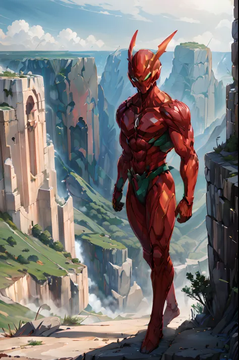red and green muscular alien fighting goku, green planet, walking, perspective, cliffs in the background