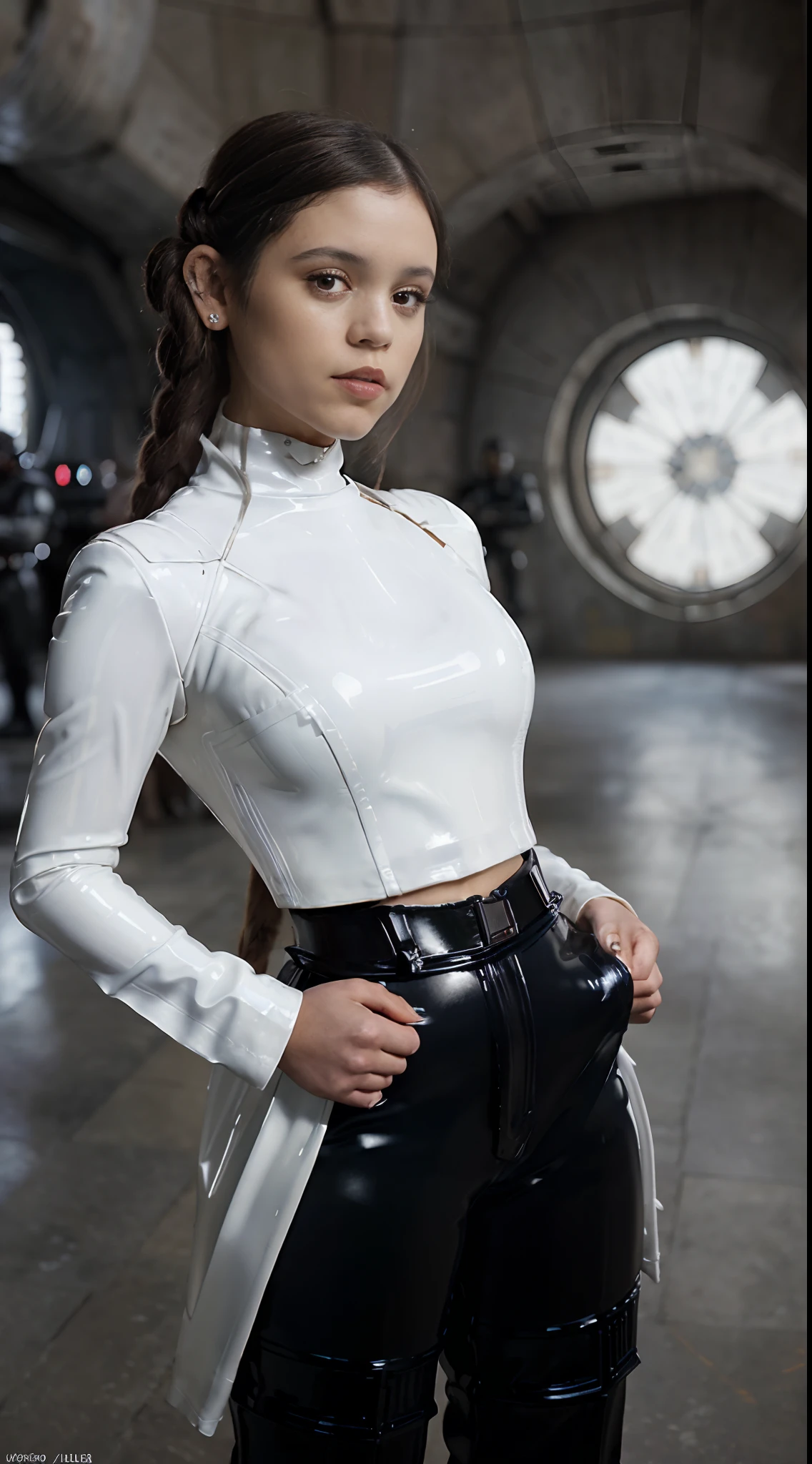 photo by jortega, ((Vestida con el disfraz de star Wars princesa leia:1.4)), only, (blue eyes:1.4), big breasts, front facing camera, Open exterior hallway with walls , Cozy atmosphere, Film-maker, photo session,UHD, 8k, 1080P.unreal engine:1.4,UHD,La Best Quality:1.4, fotorrealist:1.4, skin texture:1.4, masterpiece:1.8,first work, Best Quality,(orange miniskirt:1.4),（Beautiful and detailed eye description）,(Superchica:.14),((nave imperial starwars:1.4)),((hands:1.4)),(8k,1080P,textura realist de la piel,realist,masterpiece,(Red Lingerie:1.4),La Best Quality,high resolution,HdR:1.5),((star Wars:1.4)), (White dress with latex trousers:1.4), Cinematic blue background:1.4,[object object], (detailed face features:1.3),(Cyberpunks:1.4 )