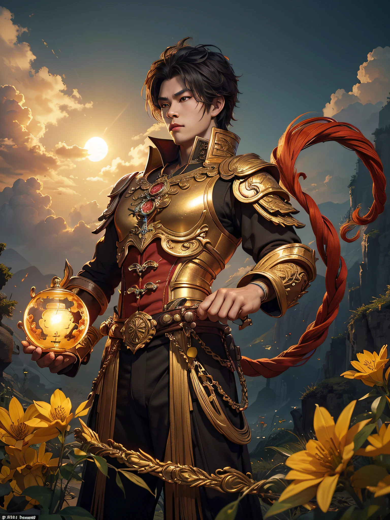 Wu-kong, Sun Wukong, Red eyes, golden features, golden rod, golden clouds, full body, imposing, death flowers, deep black tones, {extremely detailed 8k CG unit wallpaper}, landscape photography expansive, (a view from below with focus on the character and setting), (wide open field view), (low angle shot), (high light: 1.7), (low light: 1.3), (warm light source : 1.5), Intricate details, (iridescent colors: 1.6), (bright lighting), (atmospheric lighting), Surreal, dreamy, magical, mythology