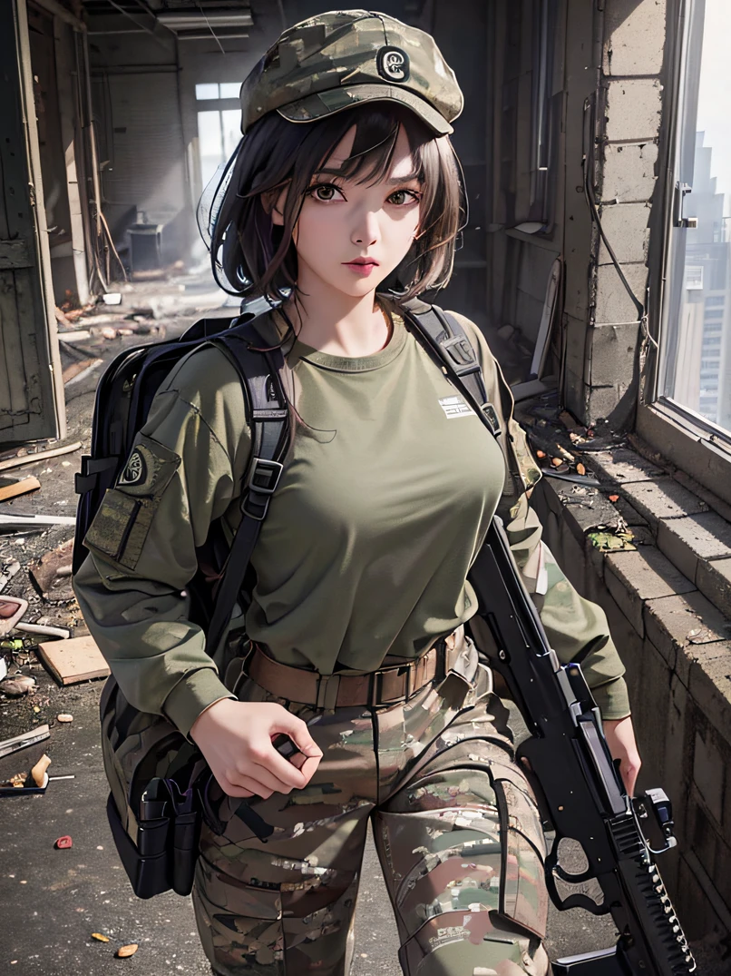 ((​masterpiece、ultra fine photos、top-quality、超A high resolution、Photorealsitic、foco nítido、bustshot))、、Beautiful Female Soldier、delicated face、fair white skin、High Detail Skin、realistic skin detail、Cropped Shorthair、Camouflage Cap、Combat equipment、Black undershirt、Army Long Sleeve Camouflage Uniform、Camouflage pants、Combat gloves、Holding the rifle with both hands、rucksack、Detailed and complex busy background、A room in an abandoned building、White smoke、Detailed face and chest depiction、Detailed hand depiction、combat pose、Dynamic action、watching at viewers