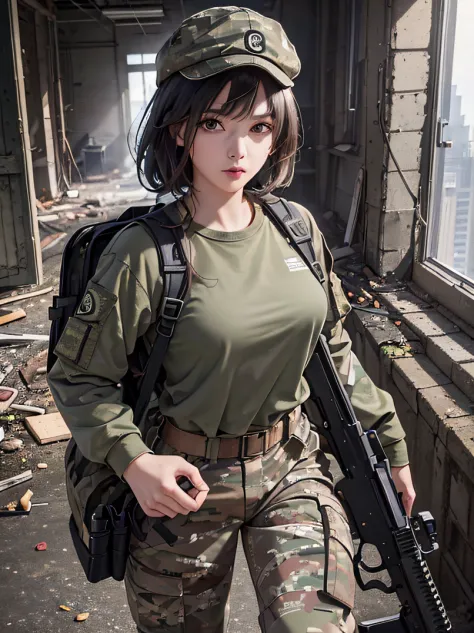 ((​masterpiece、ultra fine photos、top-quality、超A high resolution、Photorealsitic、foco nítido、bustshot))、、Beautiful Female Soldier、...