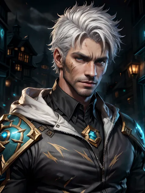 A handsome man, white hair, striking look, scar on his face, time traveler, league of legends style
