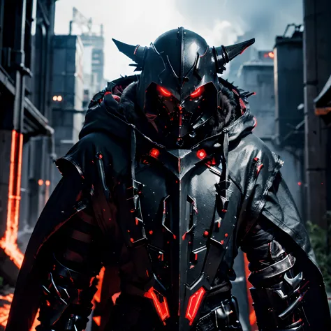 cyberpunked　demon king　Black armor　cold　red cloak　Luminous appearance　Inhabitants of the Demon World　Ruthless ruthlessness　Large exterior　Equip your weapon　Masterpiece　Super beautiful