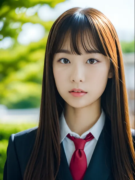 Japan school uniform, a closeup, wide angles, low angles, peitos fartos, Brown hair, looking at the viewers, portlate, hi-school...