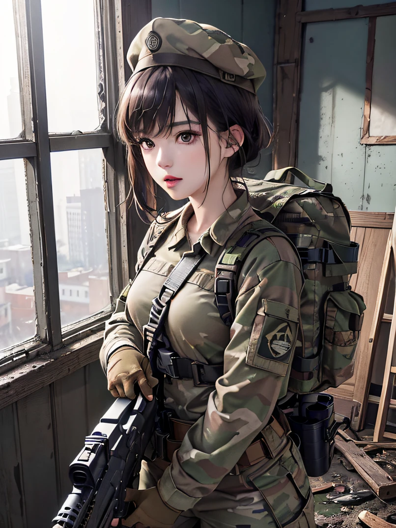 ((​masterpiece、ultra fine photos、top-quality、超A high resolution、Photorealsitic、foco nítido、bustshot))、、Beautiful Female Soldier、delicated face、fair white skin、High Detail Skin、realistic skin detail、Cropped Shorthair、Camouflage Cap、Combat equipment、Black undershirt、Army Long Sleeve Camouflage Uniform、Camouflage pants、Combat gloves、Holding the rifle with both hands、rucksack、Detailed and complex busy background、A room in an abandoned building、White smoke、Detailed face and chest depiction、Detailed hand depiction、combat pose、Dynamic action、watching at viewers