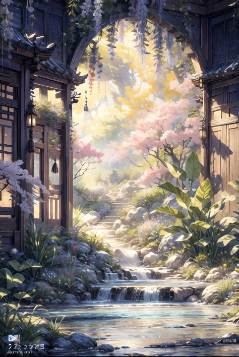 A garden painting with a waterfall and a bridge, floral environment, Anime landscape concept art, Anime background art, Magical ...