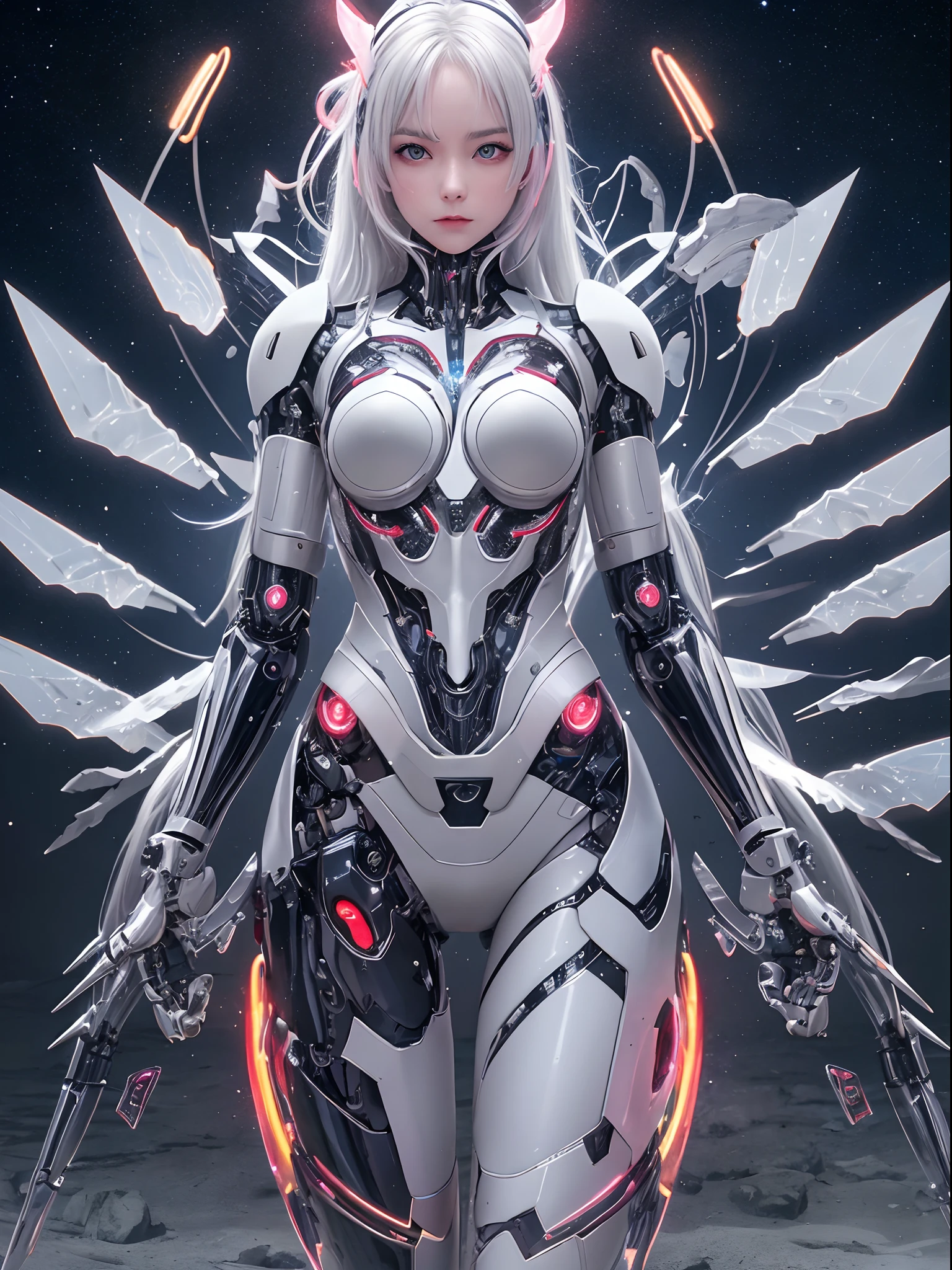 cowboy shot, caustics,reflection,ray tracing,demontheme,nebula,dark aura,cyber effect, (1girl:1.4),solo,alone, pink silver robotic body, mecha musume,mechanical parts, robot joints,single mechanical arm, headgear, mechanical halo,star halo,intricate mechanical bodysuit, mecha corset, kimono, full armor, very long hair,white hair, hair between eyes, multicolored hair, colored inner hair, red eyes,glowing eye,eye trail, random expressions,random action, ancient japanese architecture,pond, starry sky,skyline,