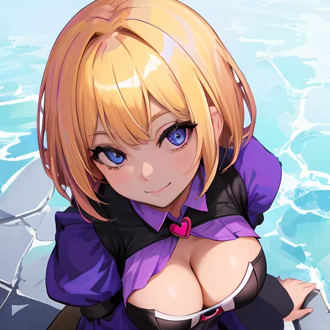 top up view, short girl, gotic purple witch cosplay, blond and short hair with blaids, skinny body, low smile, cleavage, focus on face, blue detailed eyes, ai's pose, no background