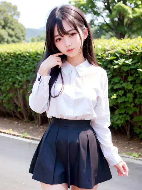 1 Nogizaka Musume, Very cute, a beauty girl, 18year old, Beautiful face, eyes and skin with exquisite detail, Detailed black hair, Smile at the camera, cowboy  shot, the way from school to home, profetional lighting, BREAK, (realisitic, Photorealsitic:1.37...