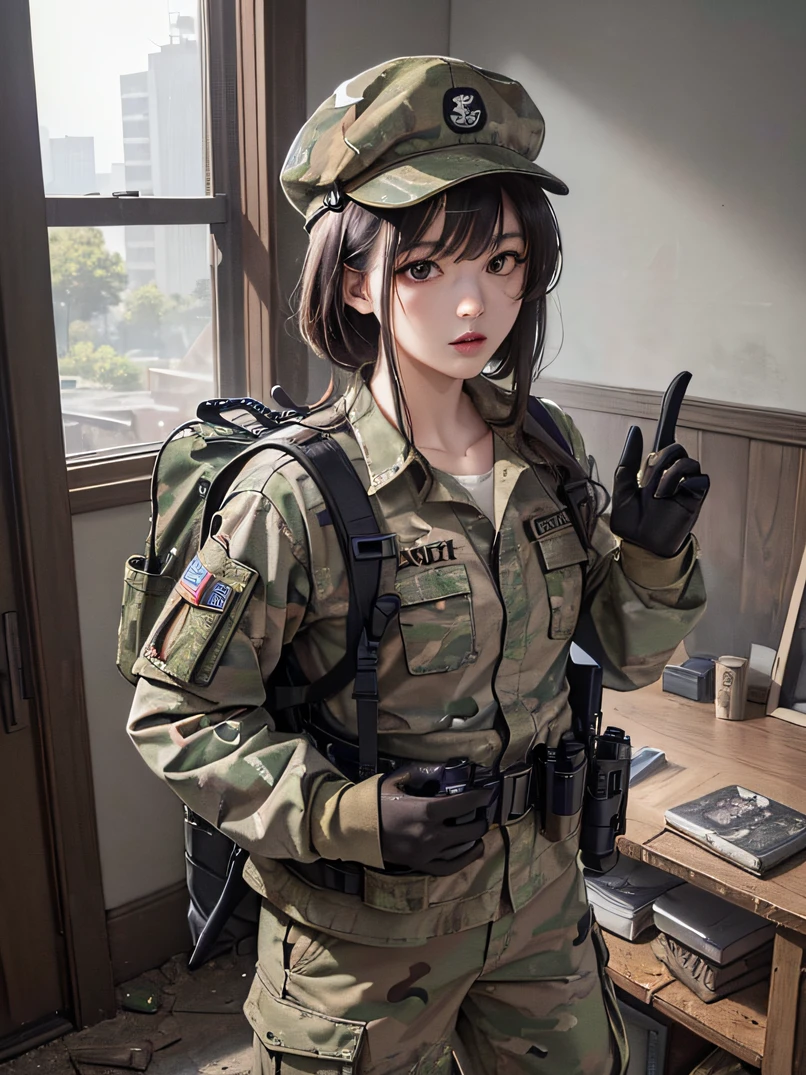 ((​masterpiece、ultra fine photos、top-quality、超A high resolution、foco nítido、bustshot))、、Beautiful Female Soldier、delicated face、fair white skin、High Detail Skin、realistic skin detail、Cropped Shorthair、Camouflage Cap、Combat equipment、Black undershirt、Army Long Sleeve Camouflage Uniform、Camouflage pants、Combat gloves、rucksack、Detailed and complex busy background、A room in an abandoned building、White smoke、Detailed face and chest depiction、Detailed hand depiction、combat pose、Dynamic action、watching at viewers