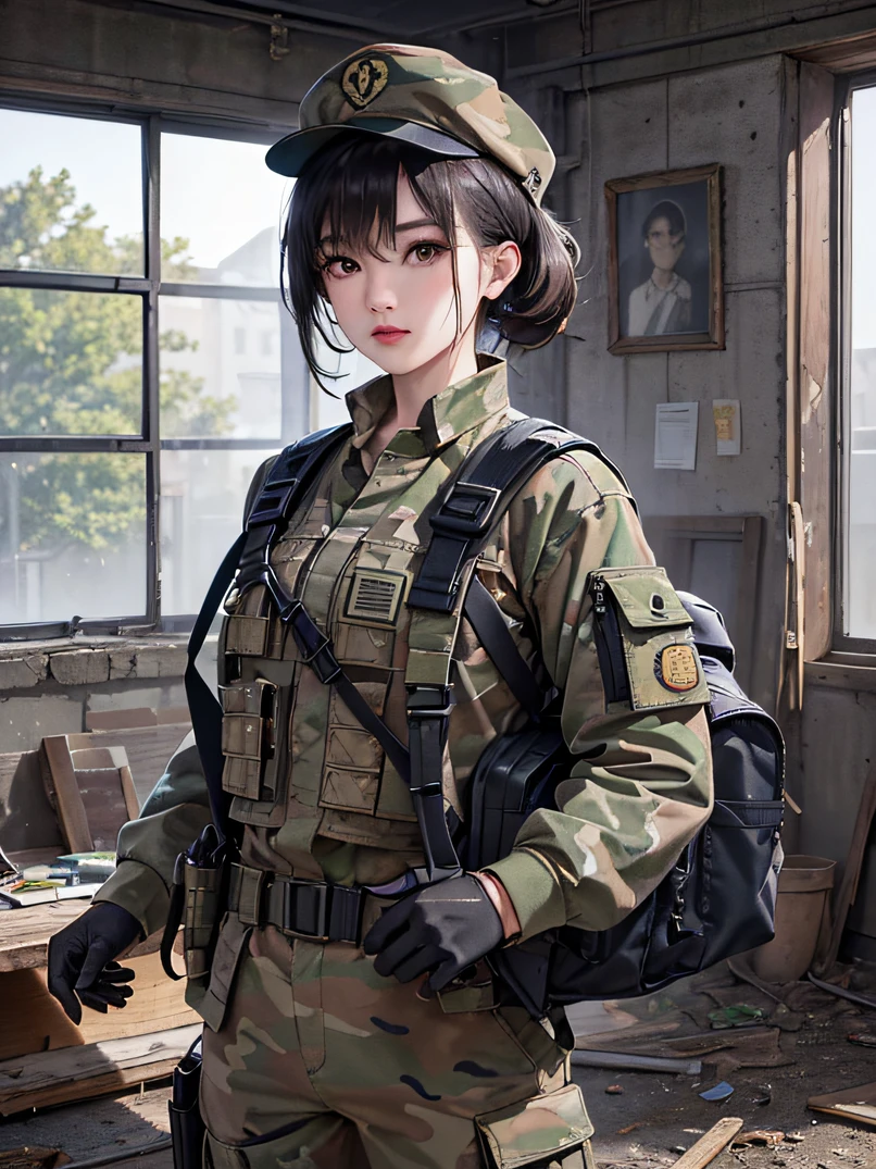 ((​masterpiece、ultra fine photos、top-quality、超A high resolution、foco nítido、bustshot))、、Beautiful Female Soldier、delicated face、fair white skin、High Detail Skin、realistic skin detail、Cropped Shorthair、Camouflage Cap、Combat equipment、Black undershirt、Army Long Sleeve Camouflage Uniform、Camouflage pants、Combat gloves、rucksack、Detailed and complex busy background、A room in an abandoned building、White smoke、Detailed face and chest depiction、Detailed hand depiction、combat pose、Dynamic action、watching at viewers