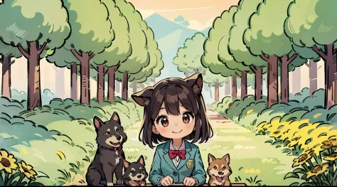 Fun students、male child、girl with、a smile、dog ears、A dark-haired、Green blazer、emblem、Brown dog、Shiba dog、nature scenery、school buildings、ultra-detailliert、ultra-quality、The ultra -The high-definition、masutepiece、Natural Color