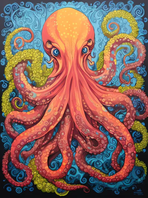 Octopus painting on black background with blue background, super nova octopus, vivid tentacles, Octopus Garden, Huge octopus, tentacles around, cephalopod, Tentacles, cthulhu squid, Octopus, Octopus tentacles, Lizards and tentacles, inspired by Patrick Bro...