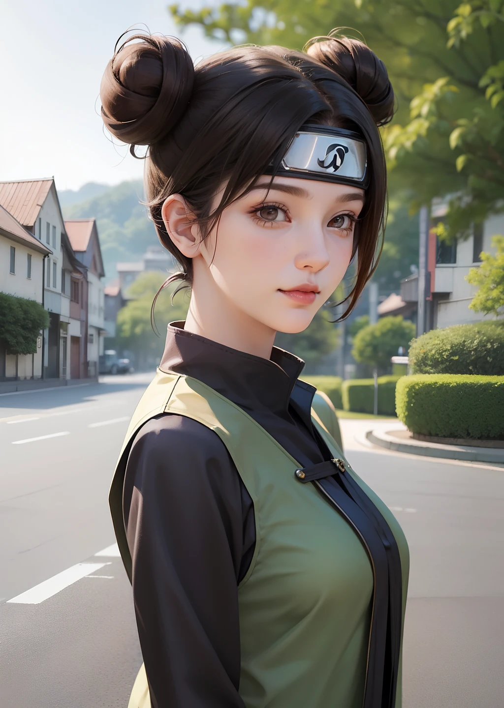 1girl, tenten in anime naruto, short hair, brown hair, brown eyes, smile, beautiful, sexy dress, sexy clothes, white clothes, very big breast, realistic clothes, detail clothes, outdoor background, ultra detail, realistic