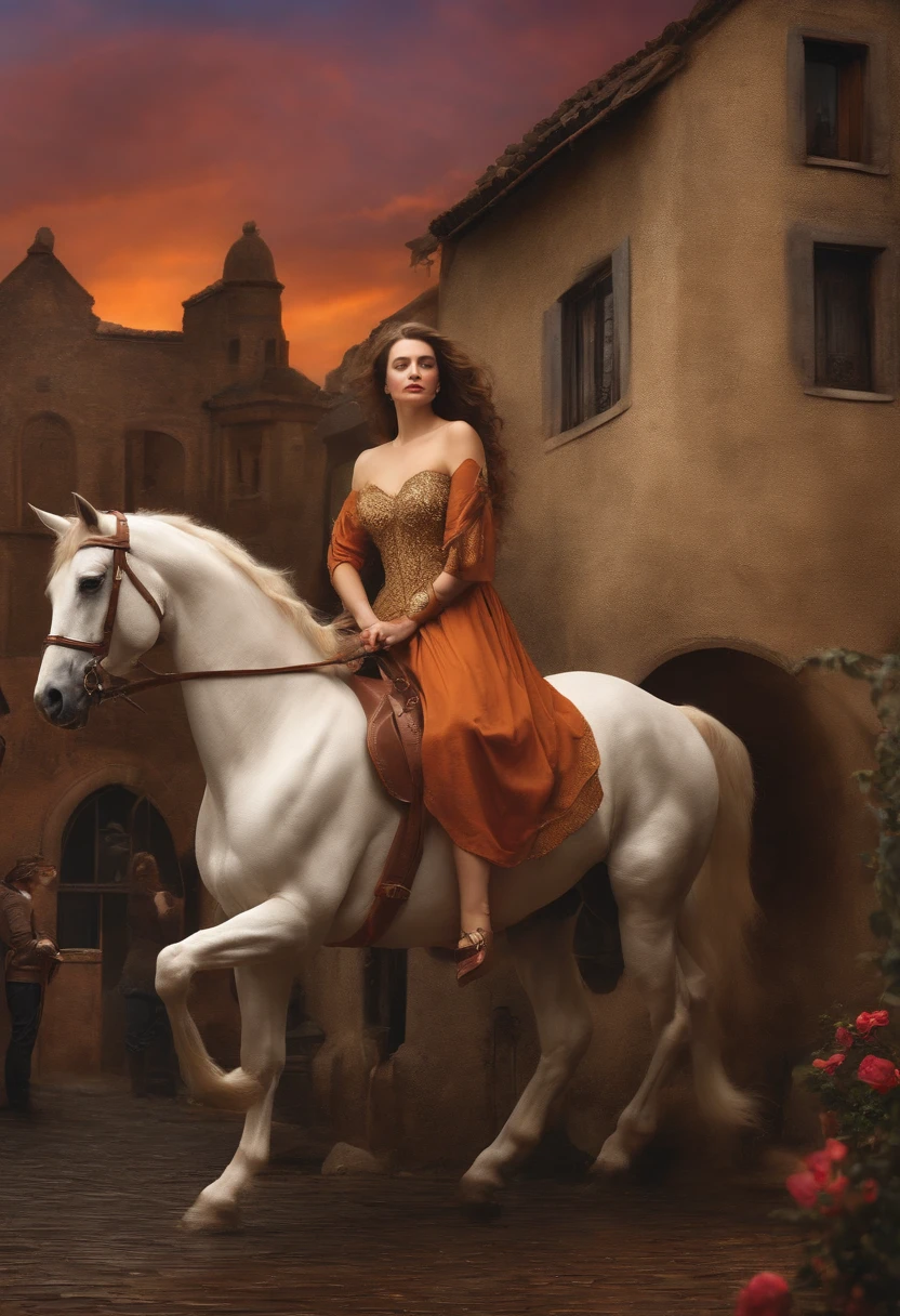 There is a woman riding a horse in a courtyard - SeaArt AI