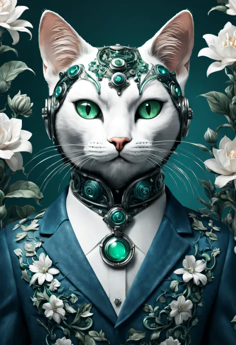 Mechanical cats，photorealestic，anthropomorphic cat，Role setting，Ultra-detailed graphics，Delicate face，8K，MagazineCover，Floral background decoration，intense color contrast，The color is dark，Blue-green-white tones