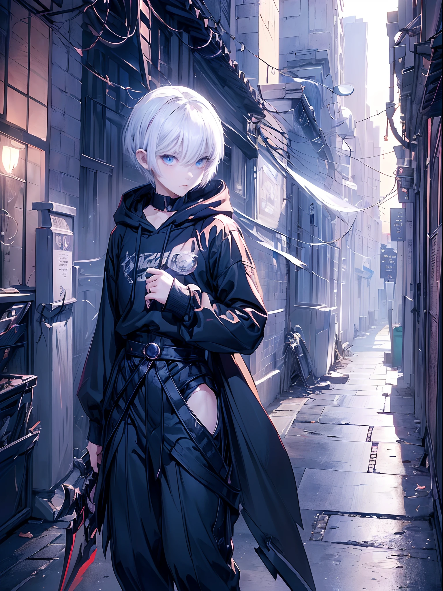 ((4K works))、​masterpiece、(top-quality)、One Beautiful Girl、Slim body、tall、((Black Y-shirt and white pants、Charming street style))、Please wear one jacket、Wearing a hood to hide his face、(Detailed beautiful eyes)、Midnight Combat、In the fight against demons、((Dark back alley at midnight))、saddened、suffocating、desolate、((Pitch-black tunnel))、((Face similar to Carly Rae Jepsen))、((Short-haired white hair))、((Smaller face))、((Neutral face))、((Bright blue eyes))、((American adult women))、((Adult female 26 years old))、((cool lady))、((Like a celebrity))、((Korean Makeup))、((elongated and sharp eyes))、((angry expressions))、((In the fight with the sword))、((boyish))、Professional Photos、((Shot alone))、((He's in battle))、((He is in front of the viewer))、((Shot so that the back of the head and back are visible))、((shot from a side angle))、((He is looking forward to.、I can't see my face))、((He is fighting in a distant place))、horor、Photos of sadness