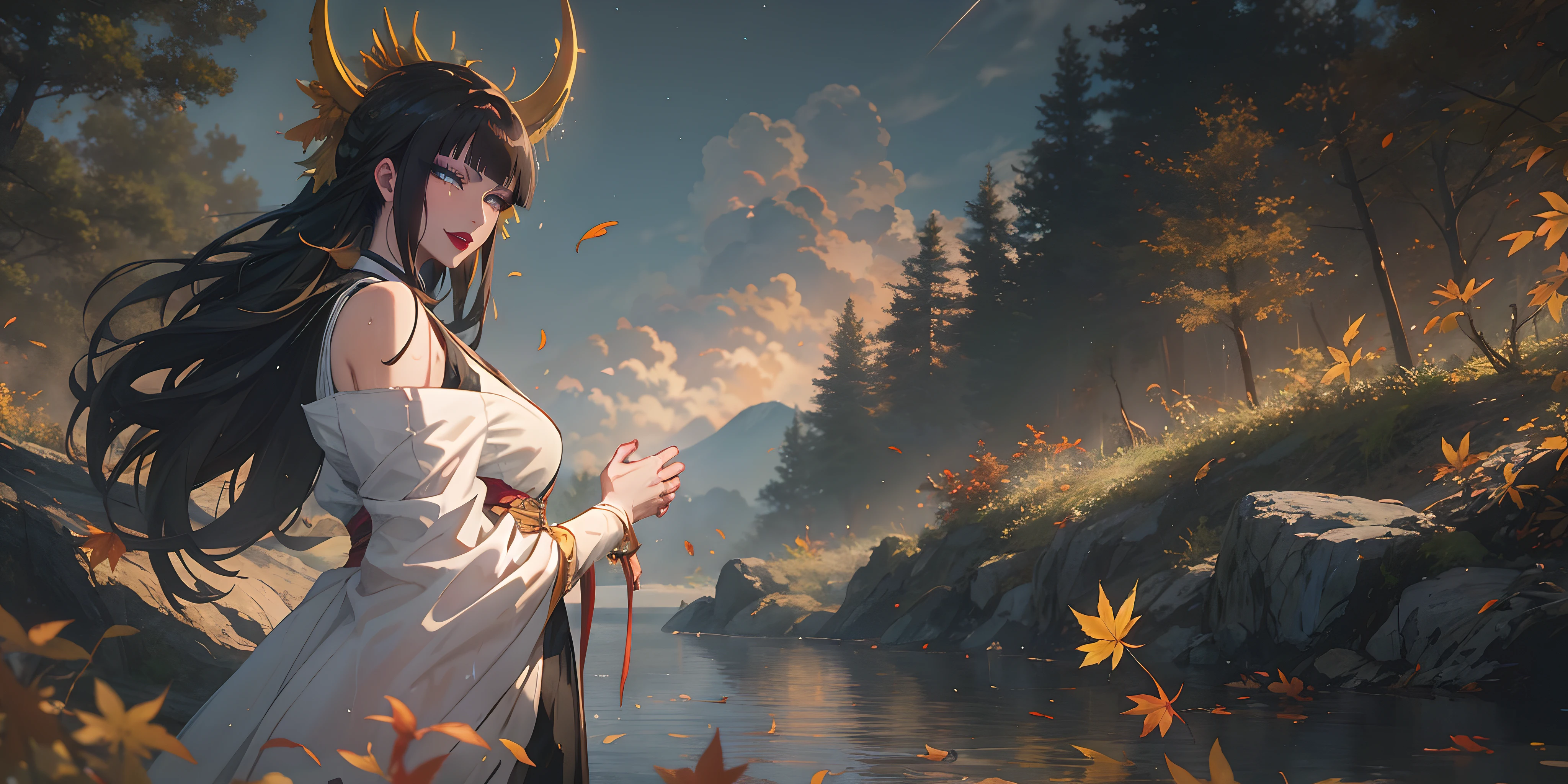 senjumaru shutara, (long hair, bangs, blunt bangs, black hair, sidelocks:1.5), (black eyes:1.5), makeup, lipstick, red lipstick, breasts, epic art, fantasy, autumn_leaves, maple_leaf, 1girl, leaf, autumn, falling_leaves, solo, wet, detached_sleeves, black_hair, outdoors, see-through, wet_clothes, breasts, sky, night, holding_leaf, water, looking_at_viewer, bare_shoulders, lake, cloud, sash, large_breasts, wide_sleeves, parted_lips, glow effects, godrays, Hand drawn, render, 8k, octane render, cinema 4d, blender, dark, atmospheric 4k ultra detailed, cinematic, Sharp focus, big depth of field, Masterpiece, colors, 3d octane render, 4k, concept art, trending on artstation, hyperrealistic, Vivid colors, extremely detailed CG unity 8k wallpaper, trending on CGSociety, Intricate, High Detail, dramatic, anime coloring, anime screencap, steaming body, fog, heavy breathing,