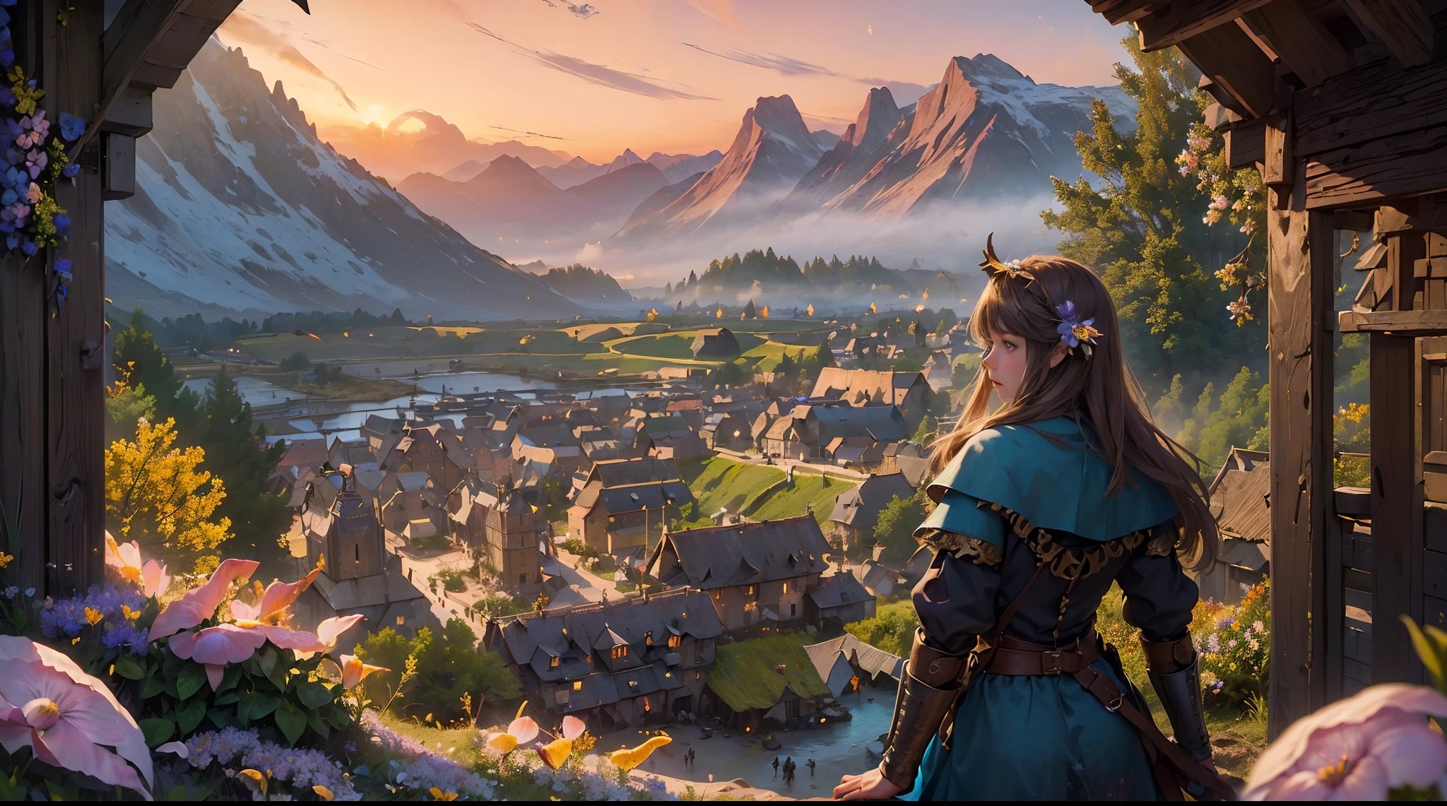 ((masterpiece, hyper realistic,32k,extremely detailed CG unity 8k, best quality, realistic face, solo, canon50, photorealistic, concept art, intricate details, highly detailed, octane render, unreal engine, fantastic-art)) Landscape, (medieval dwarven village in background:1.2), village on the meadow, colorful flowers growing on the meadow, (small village:1.5), mountains in the distance, Sally Mann, HDR, (masterpiece:1.3), at the steampunk world fair, village, analog, caves, (masterpiece:1.2), athletic face, blue butterfly, sky, Vincent Callebaut, (low key), artstation, film grainy, representational, Depth of Field, (Antonio Moro), color, soft lighting, side view:1, by Greg Rutkowski, ((medieval village:1.5)), ((meadow:1.5), vikingpunkai village:0.2, (majestic mountain:1.5), ((flowers:1.5)) ((dawn:2)), fire light through the window