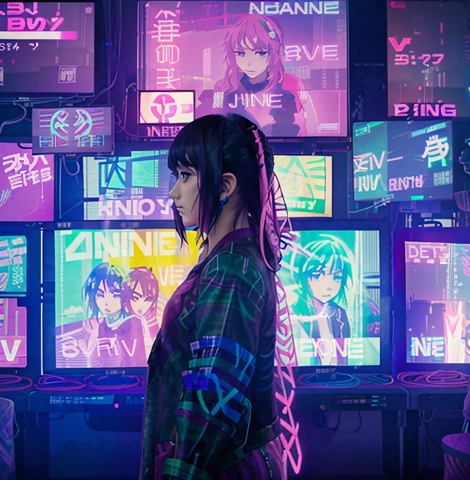 Garota de anime olhando para várias telas de TV com luzes de néon, anime cyberpunk moderno, anime cyberpunk digital!!, arte de anime cyberpunk, Digital arte de anime cyberpunk, cyberpunk digital - arte de anime, anime ciberpunk art, anime ciberpunk, inspirado em Liam Wong, experimentos em série estavam, estilo de arte cyberpunk, animes idiotas, digital anime, arte digital de danganronpa, estilo cyberpunk