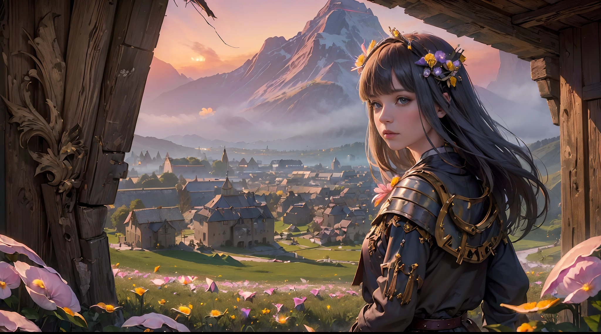 ((masterpiece, hyper realistic,32k,extremely detailed CG unity 8k, best quality, realistic face, solo, canon50, photorealistic, concept art, intricate details, highly detailed, octane render, unreal engine, fantastic-art)) Landscape, (medieval dwarven village in background:1.2), village on the meadow, colorful flowers growing on the meadow, (small village:1.5), mountains in the distance, Sally Mann, HDR, (masterpiece:1.3), at the steampunk world fair, village, analog, caves, (masterpiece:1.2), athletic face, blue butterfly, sky, Vincent Callebaut, (low key), artstation, film grainy, representational, Depth of Field, (Antonio Moro), color, soft lighting, side view:1, by Greg Rutkowski, ((medieval village:1.5)), ((meadow:1.5), vikingpunkai village:0.2, (majestic mountain:1.5), ((flowers:1.5)) ((dawn:2)), fire light through the window