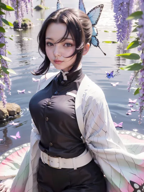 A girl with butterfly wings and a black vest standing in front of a pond, maya fey from ace attorney, black - haired mage, High ...