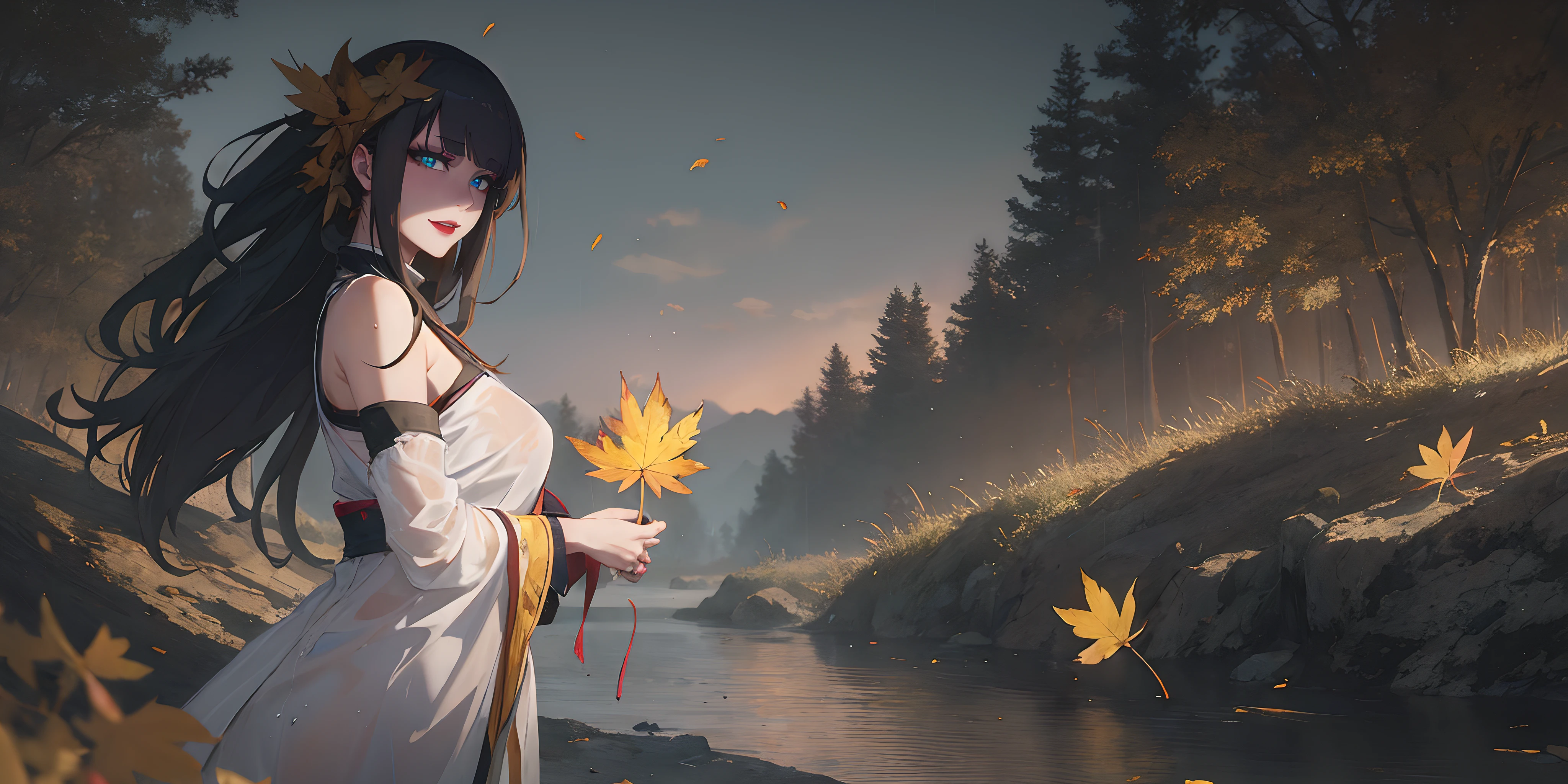 senjumaru shutara, (long hair, bangs, blunt bangs, black hair, sidelocks:1.5), (black eyes:1.5), makeup, lipstick, red lipstick, breasts, epic art, fantasy, autumn_leaves, maple_leaf, 1girl, leaf, autumn, falling_leaves, solo, wet, detached_sleeves, black_hair, outdoors, see-through, wet_clothes, breasts, sky, night, holding_leaf, water, looking_at_viewer, bare_shoulders, lake, cloud, sash, large_breasts, wide_sleeves, parted_lips, glow effects, godrays, Hand drawn, render, 8k, octane render, cinema 4d, blender, dark, atmospheric 4k ultra detailed, cinematic, Sharp focus, big depth of field, Masterpiece, colors, 3d octane render, 4k, concept art, trending on artstation, hyperrealistic, Vivid colors, extremely detailed CG unity 8k wallpaper, trending on CGSociety, Intricate, High Detail, dramatic, anime coloring, anime screencap, steaming body, fog, heavy breathing,