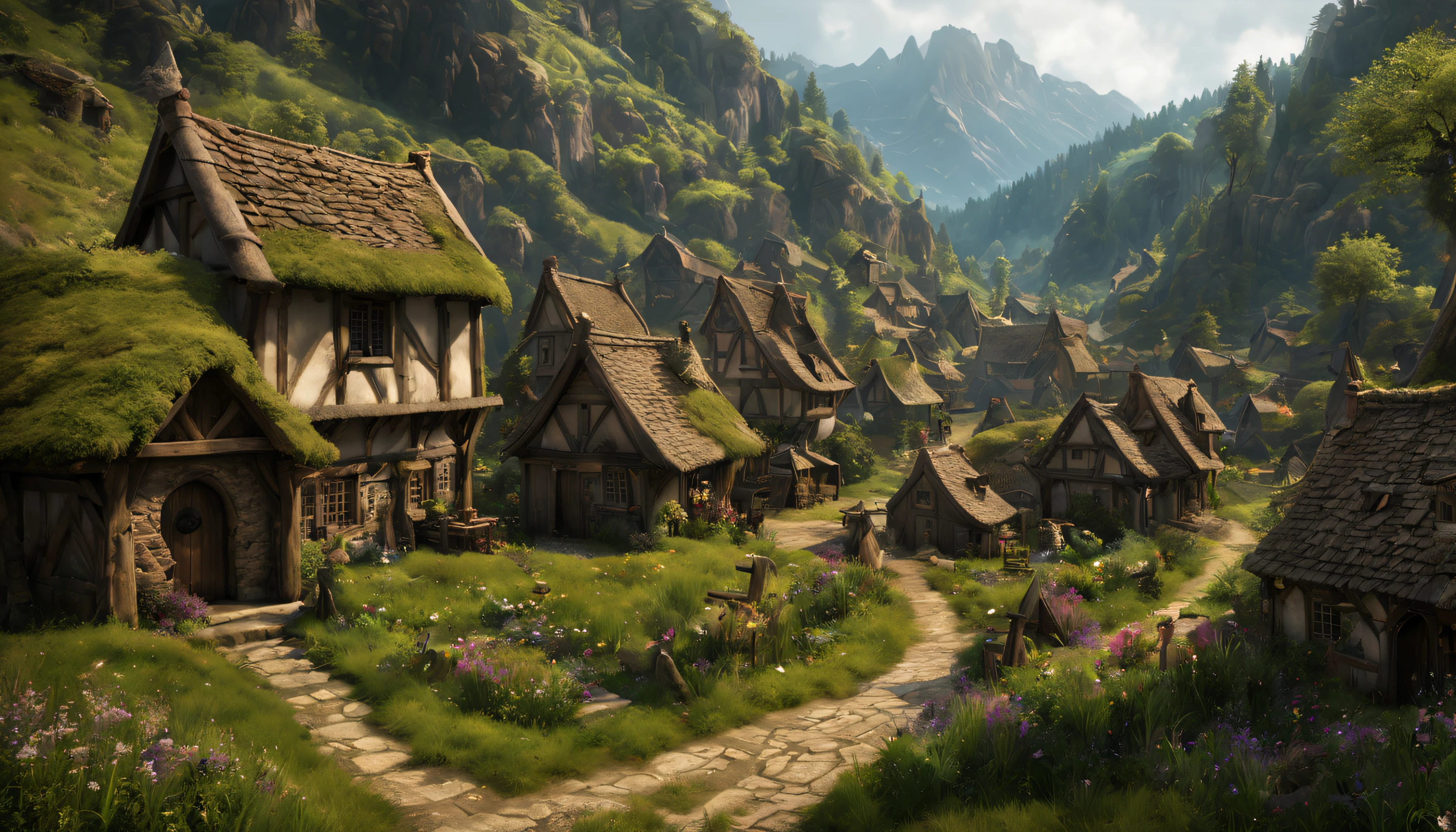 ((masterpiece, hyper realistic,32k,extremely detailed CG unity 8k, best quality, realistic face, solo, canon50, photorealistic, concept art, intricate details, highly detailed, octane render, unreal engine, fantastic-art)) Landscape, (medieval dwarven village in background:1.2), village on the meadow, lavender flowers growing on the meadow, (small village:1.5), mountains in the distance, Sally Mann, HDR, (masterpiece:1.3), at the steampunk world fair, village, analog, caves, (masterpiece:1.2), athletic face, blue butterfly, sky, Vincent Callebaut, (low key), artstation, film grainy, representational, Depth of Field, (Antonio Moro), color, soft lighting, side view:1, by Greg Rutkowski, ((medieval village:1.5)), ((meadow:1.5), vikingpunkai village:0.2, (majestic mountain:1.5), ((flowers:1.5)) ((dawn:2)), fire light through the window