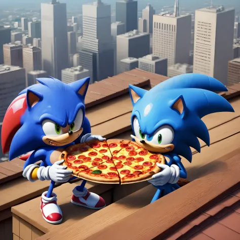 Sonic and Obama eating pizza on na rooftop