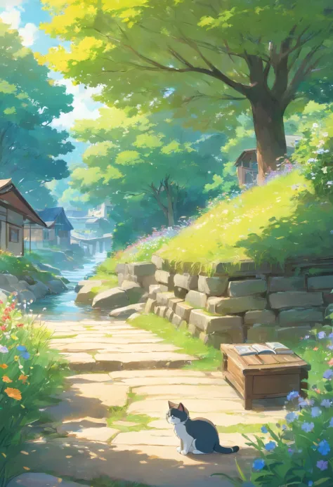 A round-eyed cute cat, Sit under a big tree and read a book, Small stream next to it, wildflowers.There are houses in the distance
