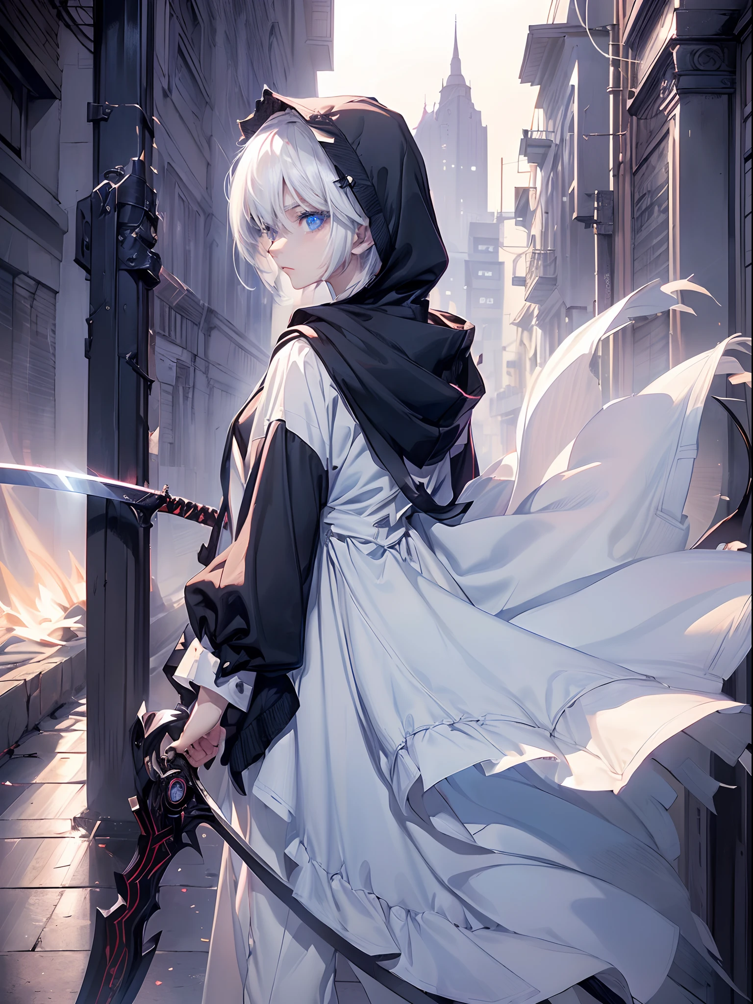 ((4K works))、​masterpiece、(top-quality)、One Beautiful Girl、Slim body、tall、((Black Y-shirt and white pants、Charming street style))、Please wear one jacket、Wearing a hood to hide his face、(Detailed beautiful eyes)、Midnight Combat、In battle with demons、((Dark back alley at midnight))、saddened、suffocating、desolate、((Pitch-black tunnel))、((Face similar to Carly Rae Jepsen))、((Short-haired white hair))、((Smaller face))、((Neutral face))、((Bright blue eyes))、((American adult women))、((Adult female 26 years old))、((cool lady))、((Like a celebrity))、((Korean Makeup))、((elongated and sharp eyes))、((angry expressions))、((In battle with a sword))、((boyish))、Professional Photos、((Shot alone))、((He is in battle))、((He is in front of the viewer))、((Shot so that the back of the head and back are visible))、((shot from a side angle))、((He's looking forward.、I can't see my face))、((He is fighting in a distant place))、horor、Photos of sadness