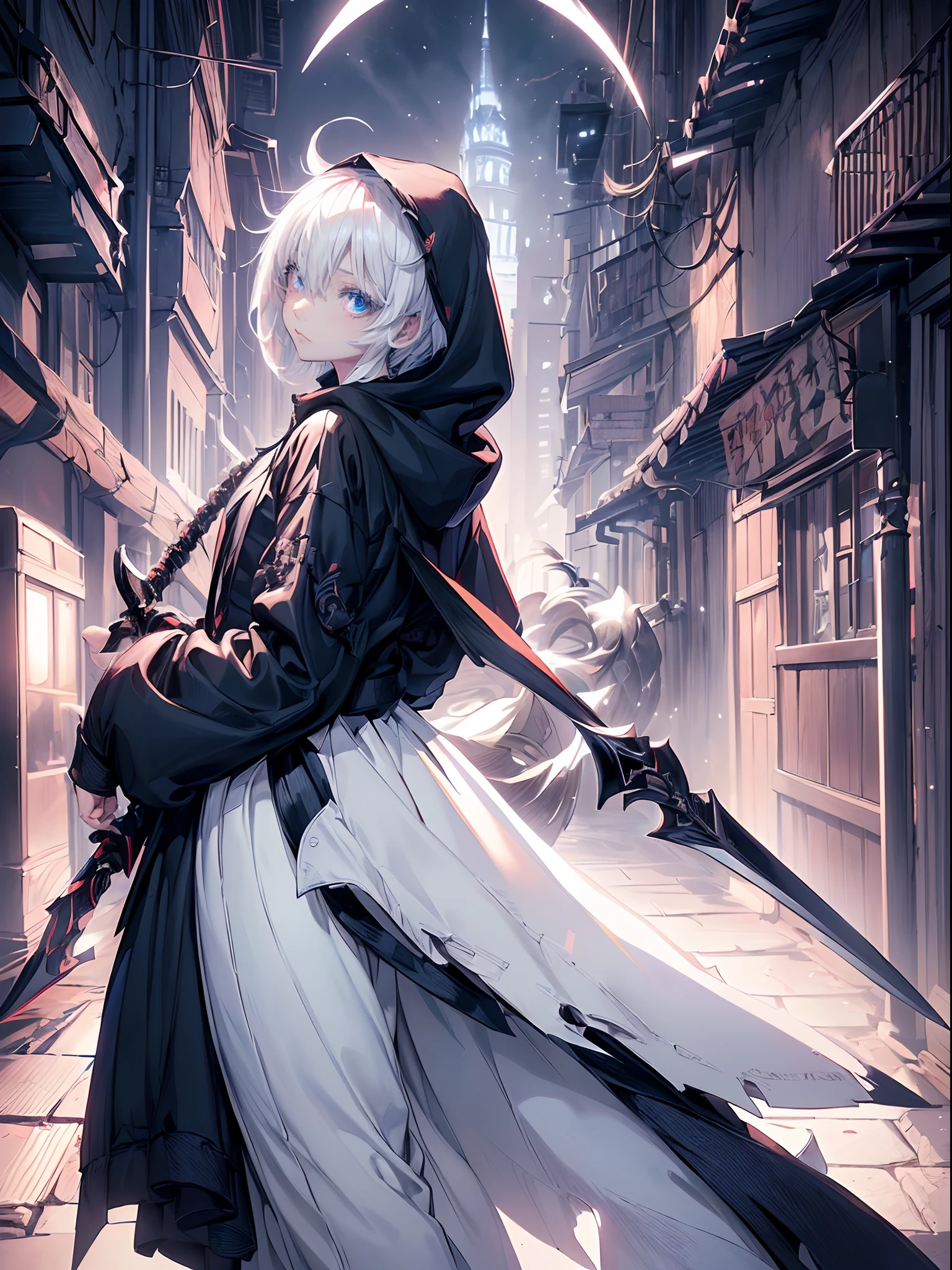 аниме девушка с мечом в темном переулке с косой - SeaArt AI