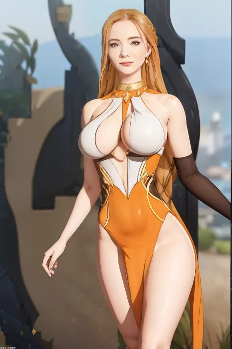 hyper-detailed image, UHD, 16k, professional photo, (Realistic photo of the goddess Freya from 7ds, goddess ), woman goddess of beauty, long orange hair with braid, sexy facial expression, ((she wears a sexy dress, and gigantic breasts coming out of dress,...