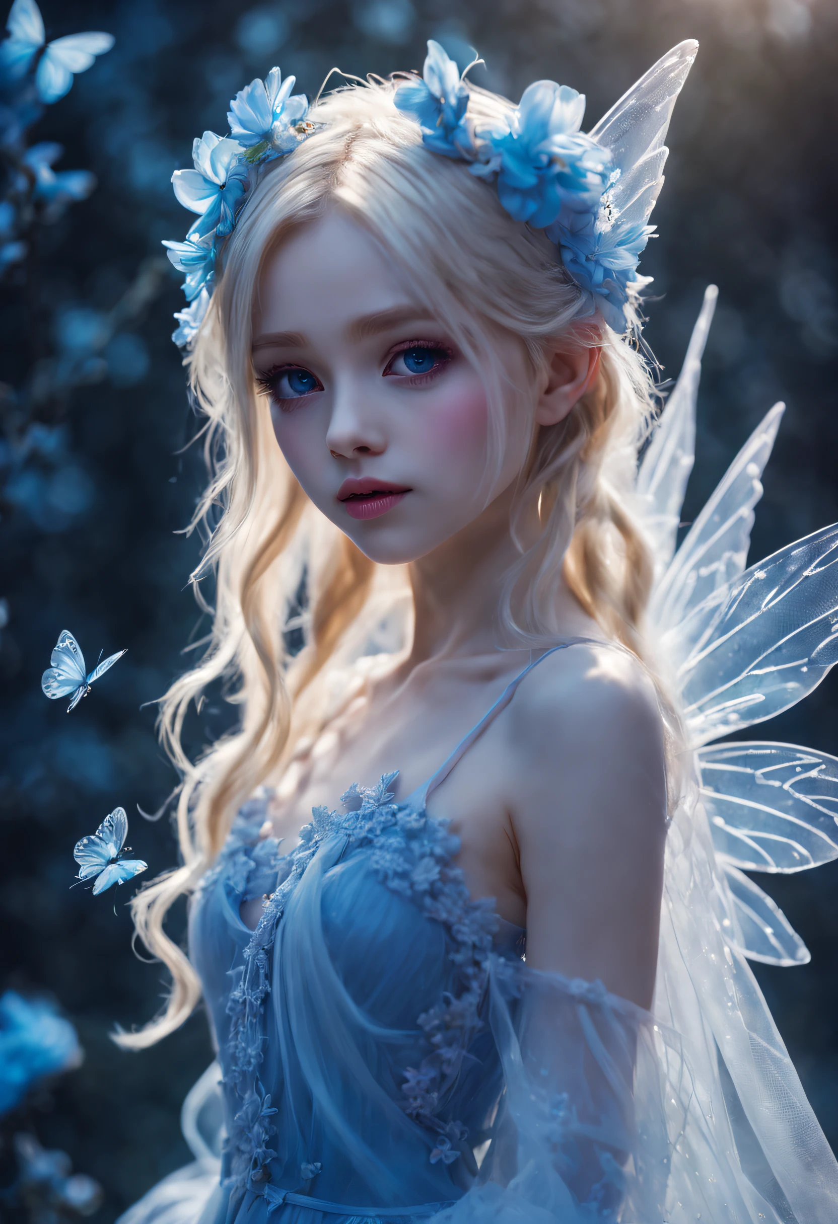 A high resolution,Best quality ,Blonde girl,Face up，the Flower Fairy，Fairy-like transparent wings，Composition in the play，delicated face，8K。blue tint，high light，rim-light，