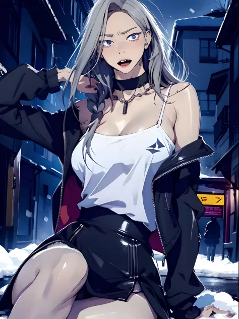 Tall girl with fangs sitting on the street at night, Sexy Pose ,Snow on the ground, Wet clothes, Seductive, Chin beauty spot, Lo...