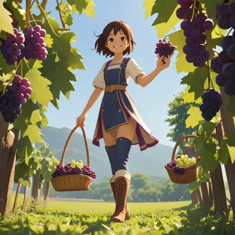 Octane Render、(Hyper-detailing: 1.15)、(Soft light、sharp: 1.2)、morning、Harvesting grapes, Enjoy grape picking、full body Esbian、Di...