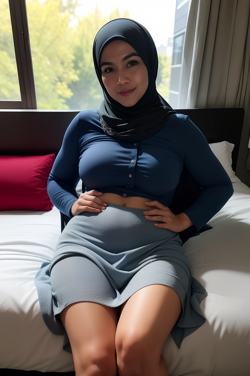 Pregnant woman in hijab sitting on bed in front of window - SeaArt AI