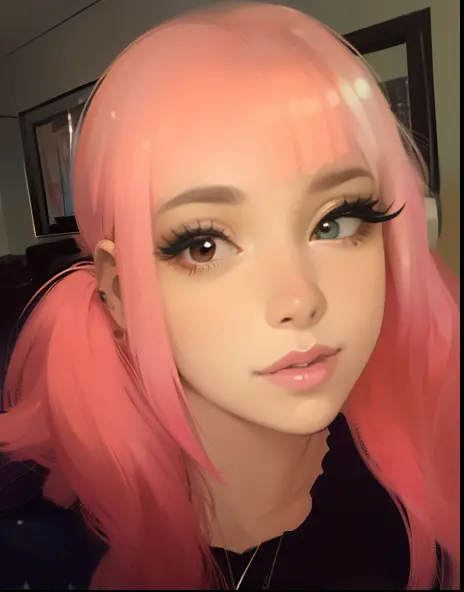 a young woman with pink hair and piercings taking a selfie, with pink hair, pink twintail hair and cyan eyes, pink straight hair...