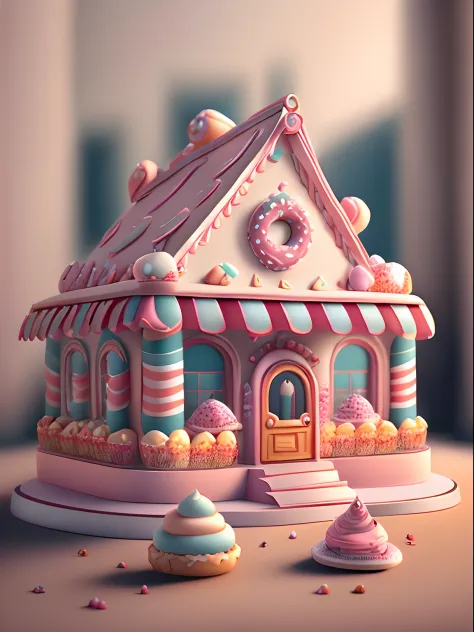 (Best quality,3D rendering of:1.2),Ultra-detailed,(Realistic,Photorealistic,photo-realistic:1.37) buliding,Donuts at the top,Cute 3d rendering,Kawaii headquarters concept,Beautiful bakery,High-end pastry shop,Stylized 3D rendering,Artistic 3D rendering,Bea...
