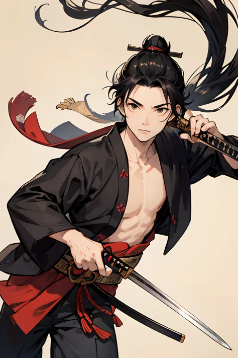 japanese samurai、beautiful young boy、Japanese Katana Sword、Scenery of the Edo period、Ukiyo-e style、hight resolution、