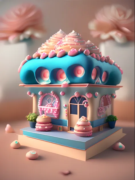 (Best quality,3D rendering of:1.2),Ultra-detailed,(Realistic,Photorealistic,photo-realistic:1.37) buliding,Donuts at the top,Cute 3d rendering,Kawaii headquarters concept,Beautiful bakery,High-end pastry shop,Stylized 3D rendering,Artistic 3D rendering,Bea...