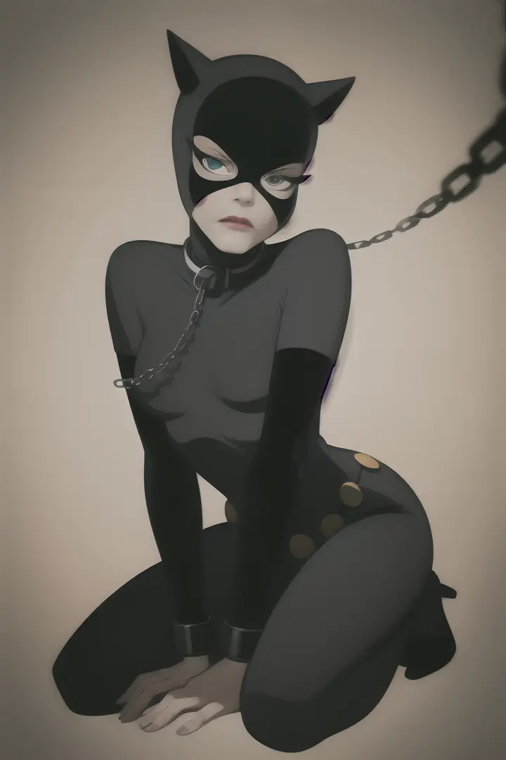 catwoman, (((cartoon, simple colors, annoyed))), (mask, lipstick, bodysuit), (straight back, sitting straight), portrait, (clothed, high heels), ((kneeling, sitting)), beautiful woman, earrings, green eyes, facing viewer, looking at viewer, kneeling, (thin...
