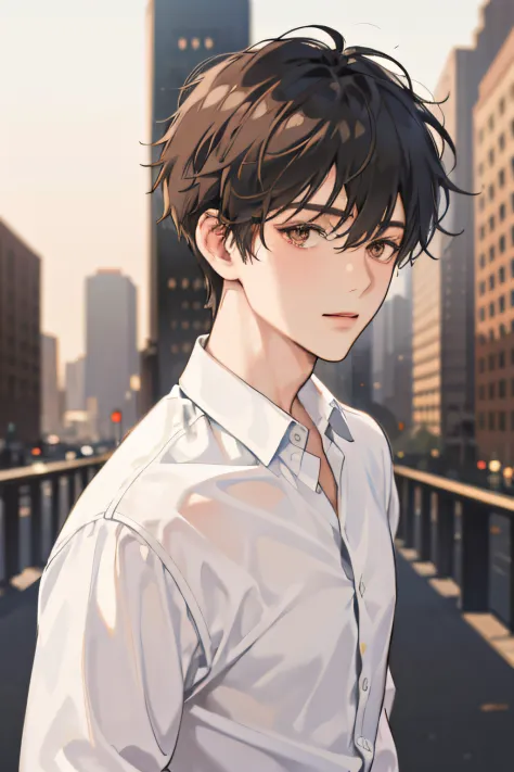 1boy, sexy, cute, short hair, brown eyes, white shirt, black pants, city, high res, ultrasharp, 8K, masterpiece, looking at view...