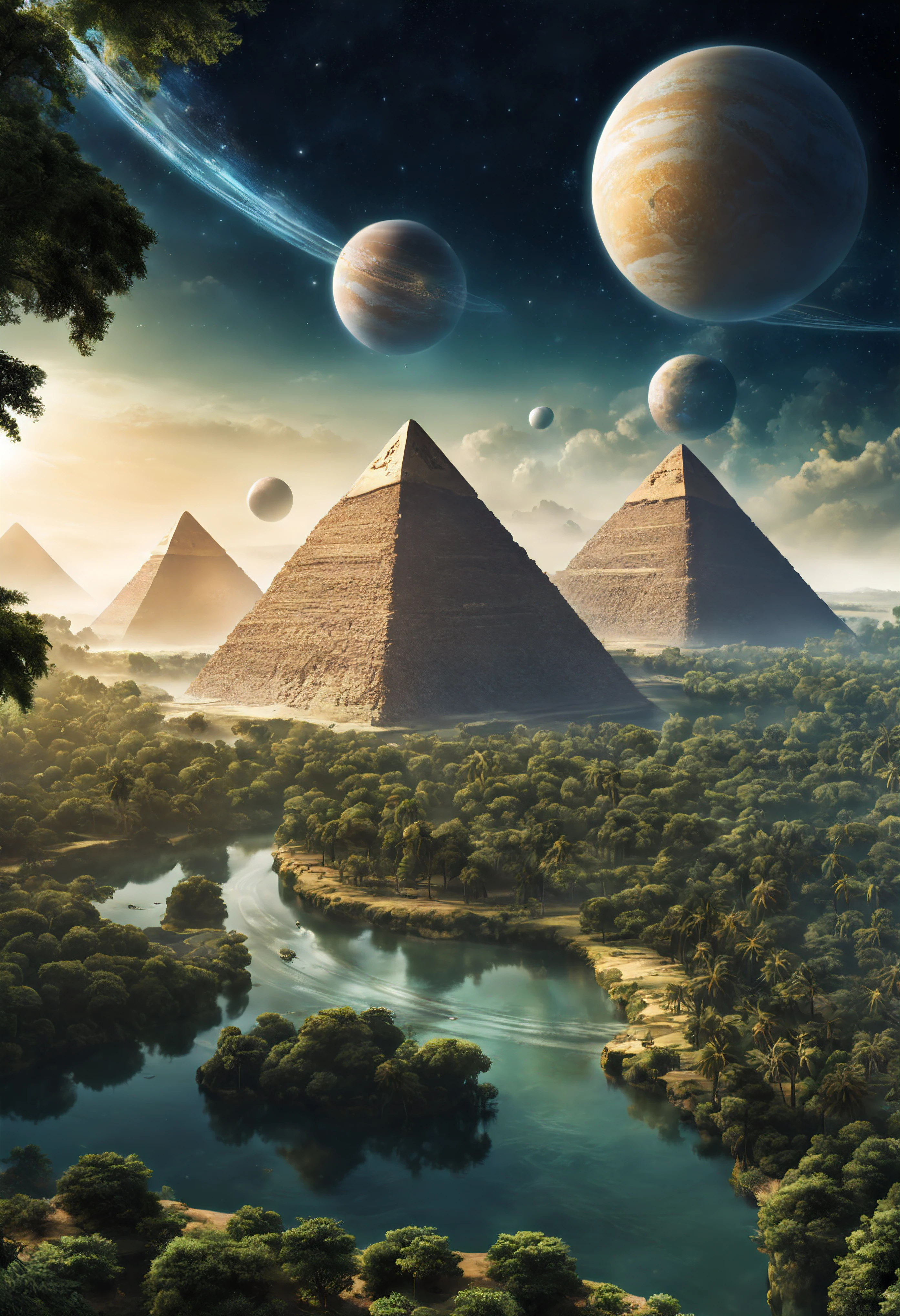 Otro planeta con bosques y ríos., donde hay pirámides y faraones extraterrestres, naves espaciales en forma de pirámides egipcias, Se pueden ver dos planetas satélites en el cielo..