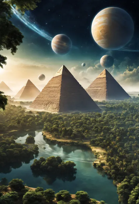 another planet with forests and rivers, where there are pyramids and pharaohs alien people, spaceships in the form of Egyptian p...