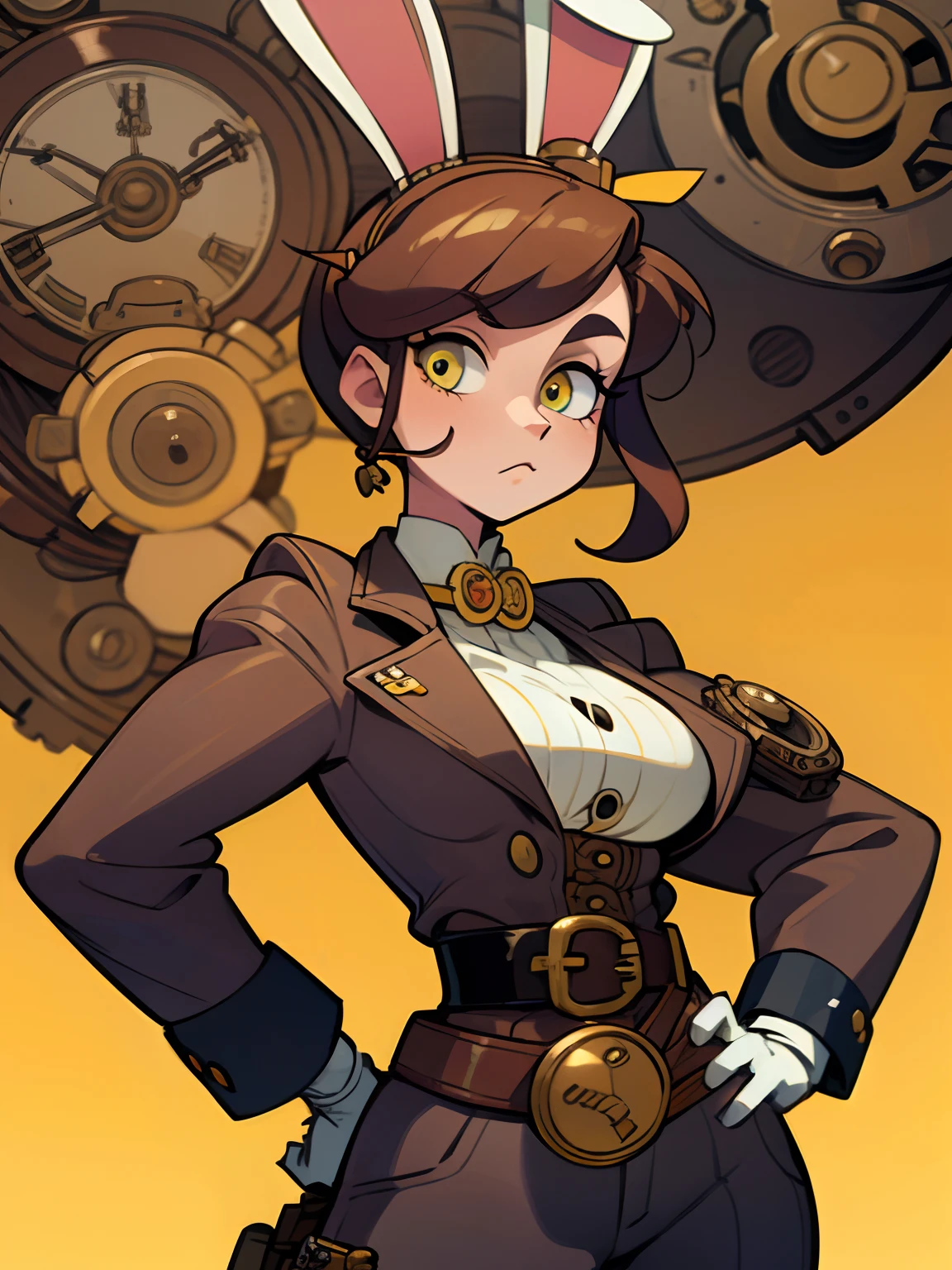 Close-up of a man in a gun costume, cartoon bunny hairpin on her head, yellow glowing decoration, belt buckle at waist, steampunk weapon,